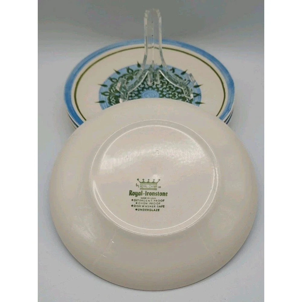 Vtg Royal Ironstone Cavalier Blue & Green Floral Dinner Plates Set Of 4 USA